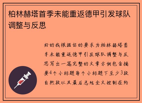 柏林赫塔首季未能重返德甲引发球队调整与反思